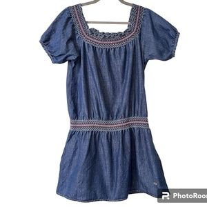 E-Land Dress Womens M Denim EMBROIDERED Casual Short Sleeve /Off the Shoulder